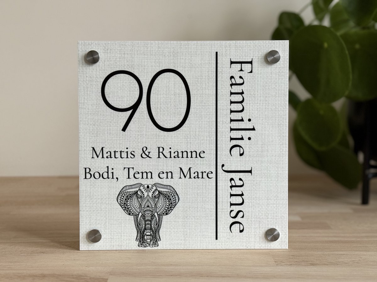 Naambordje / huisnummer voordeur met de Olifant van Ganesha 20x20cm met linnenlook