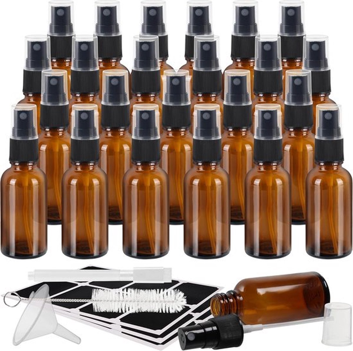 Belle Vous Amber Glazen Bemisting Spray Flesjes (24 Pak) - 30 ml Lege Spuitflesjes, Schoonmaakborstel, Trechter, Labels & Pen - Navulbare Flessen voor Essentiële Olies, Schoonmaken & Aromatherapie