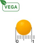 Een oranje pil met een liniaal die de grootte aangeeft (ongeveer 0,5 cm) en een groen VEGA-logo.