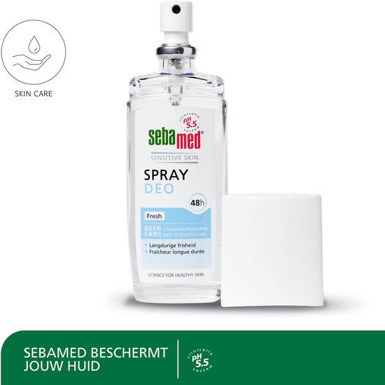 Sebamed Fresh Deo Spray. Verpakking van 75ml met dop. Frisse geur, zonder aluminiumzouten.