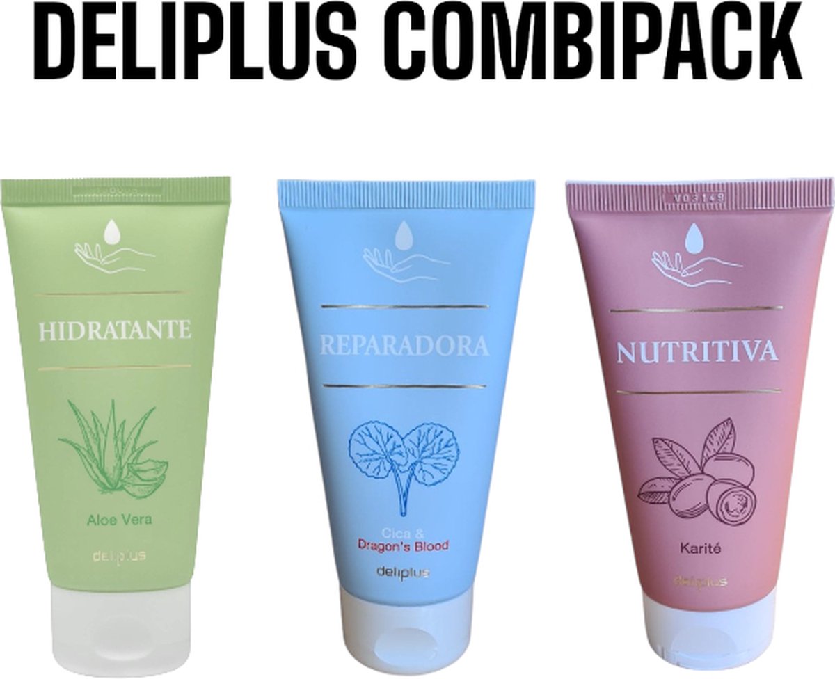 Deliplus | Combipack Handcrèmes | Cream de Manos | Hydraterend - Reparerend (Droge en gebarsten handen) - Voedend | Spanje | 3x 75ml