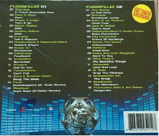 Achterkant van een CD-hoes met tracklijsten voor Floorfillaz 01 en 02. Ook te zien is een barcode en de Sony Music logo's.