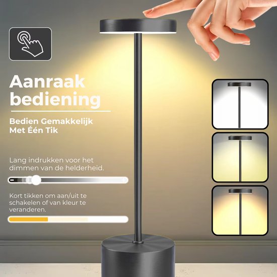 Boncy® Lampe de Table de Luxe Lampe de Bureau Rechargeable & Tactile - LED Dimmable avec 3 options de chaleur - Lampe de Bureau Industrielle Zwart Mat 35cm - Veilleuse Table Chambre Salon ou Lampe de Chevet - Adultes Bébé et Enfants - Lampes de table