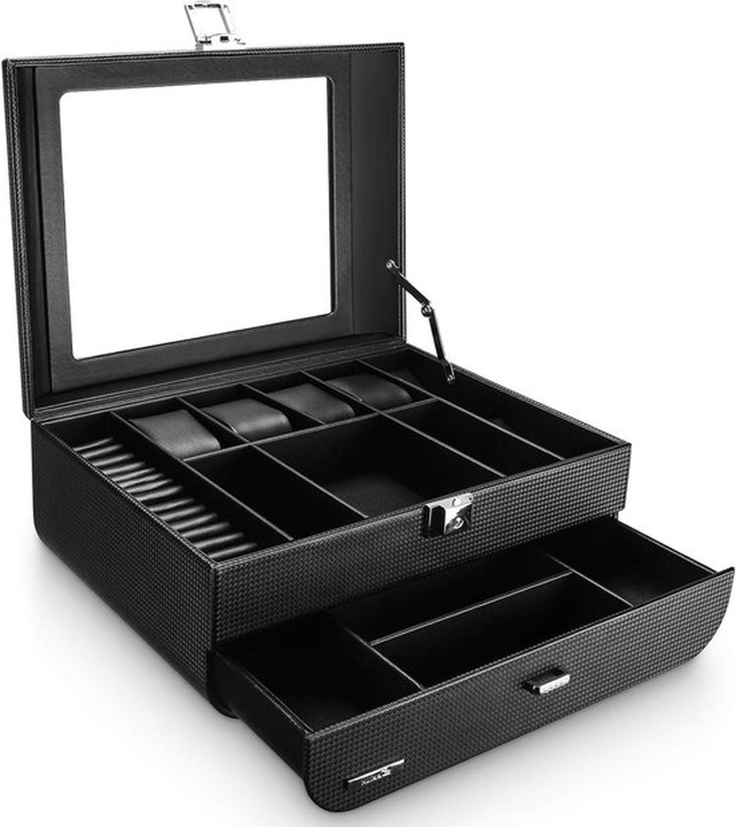 Sieraden opbergkoffer voor mannen - Horlogedoos organizer met glazen deksel en slot - Zwarte vader vader cadeau