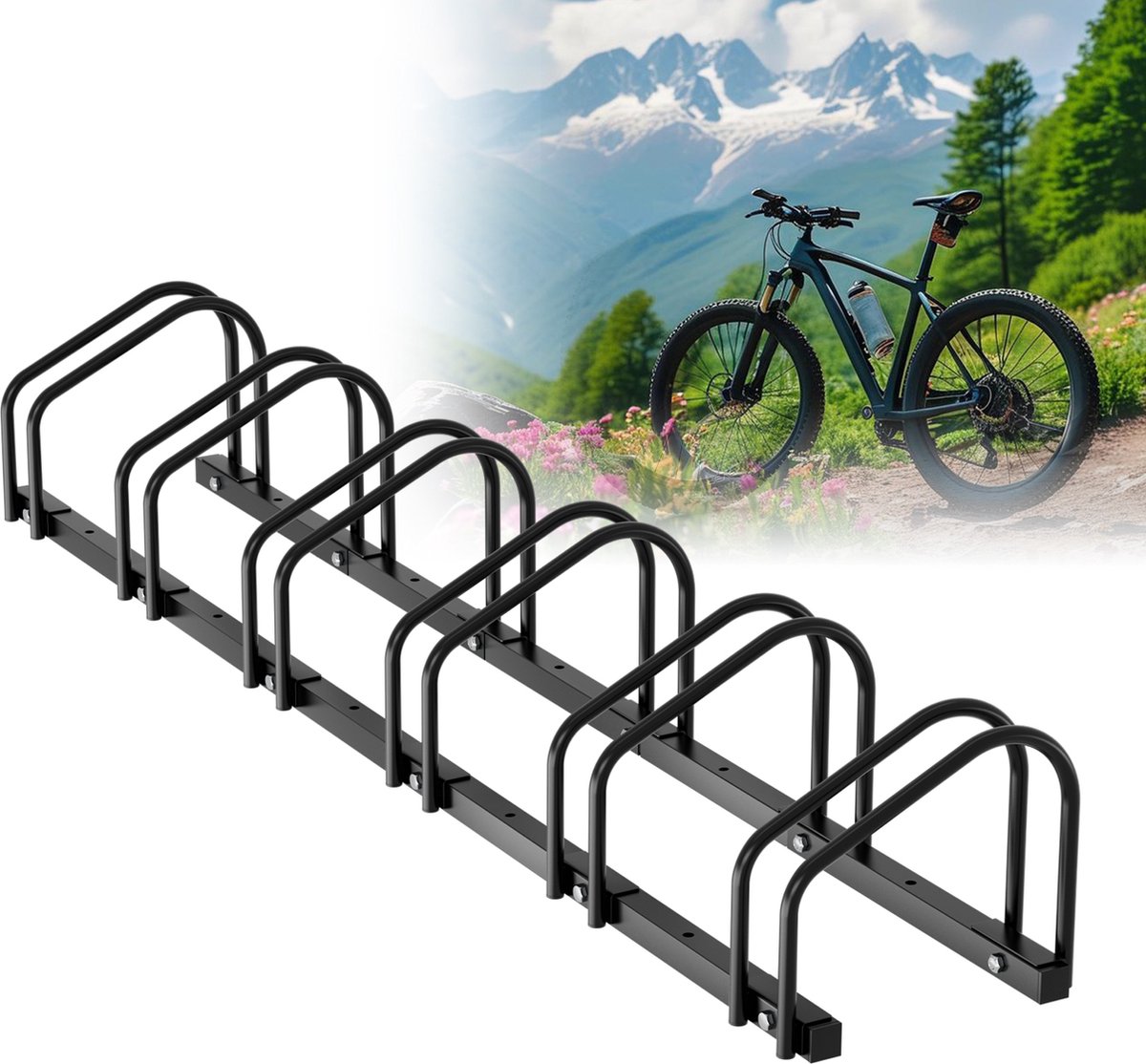 Fietsenrek voor 6 Fietsen - Fietsenstandaard - Bruikbare bandbreedte: 3,5-5,5 cm - zowel binnen- als buitengebruik - vloer of wandmontage - Zwart
