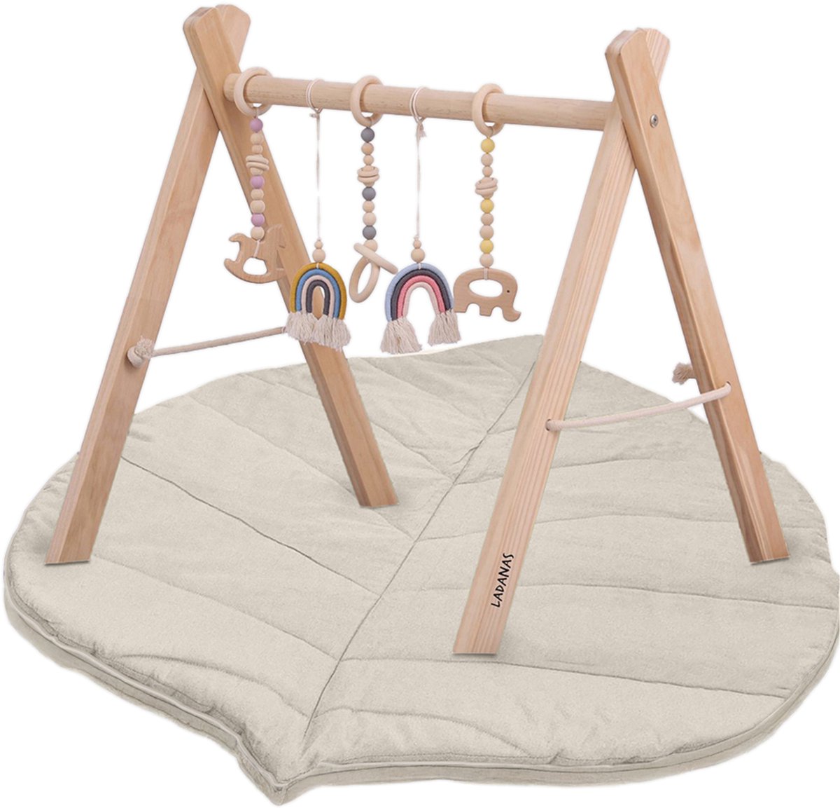 babygym hout incl. 5 speeltjes + dubbelzijdige speelmat – houten Speelboog Baby – Stevige constructie & inklapbaar — afbeelding 11