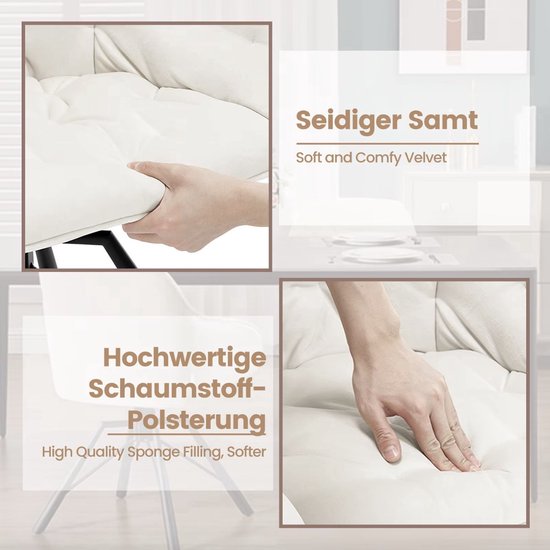 Eetkamerstoel set van 2, beige fluweel, met knoopjesstiksel, massief