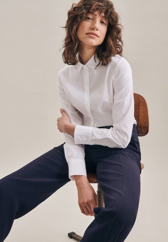 Dames blouse slim fit poplin wit hooggesloten kent kraag lange mouw- Maat: 40