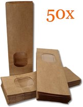 Prigta - 50x Verpakking zakjes - blokbodemzakjes papier - 8x5x25 cm - bruin - papieren zakjes met venster