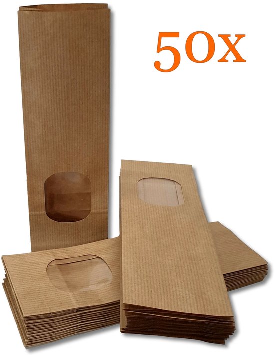 Prigta - 50x Verpakking zakjes - blokbodemzakjes papier - 8x5x25 cm - bruin - papieren zakjes met venster