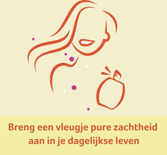 Illustratie van een vrouw en een parfumflesje. Text: Breng een vleugje pure zachtheid aan in je dagelijkse leven.