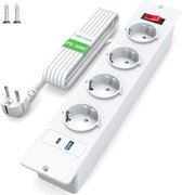 Multiprise encastrée StayPowered - Chargement sans encombrement de câbles - Prise 6 en 1 - USB-C PD 20W - Fonction de charge rapide - Interrupteur - Gain de place - Câble de 2M - Wit - Livraison plus rapide qu'indiqué !