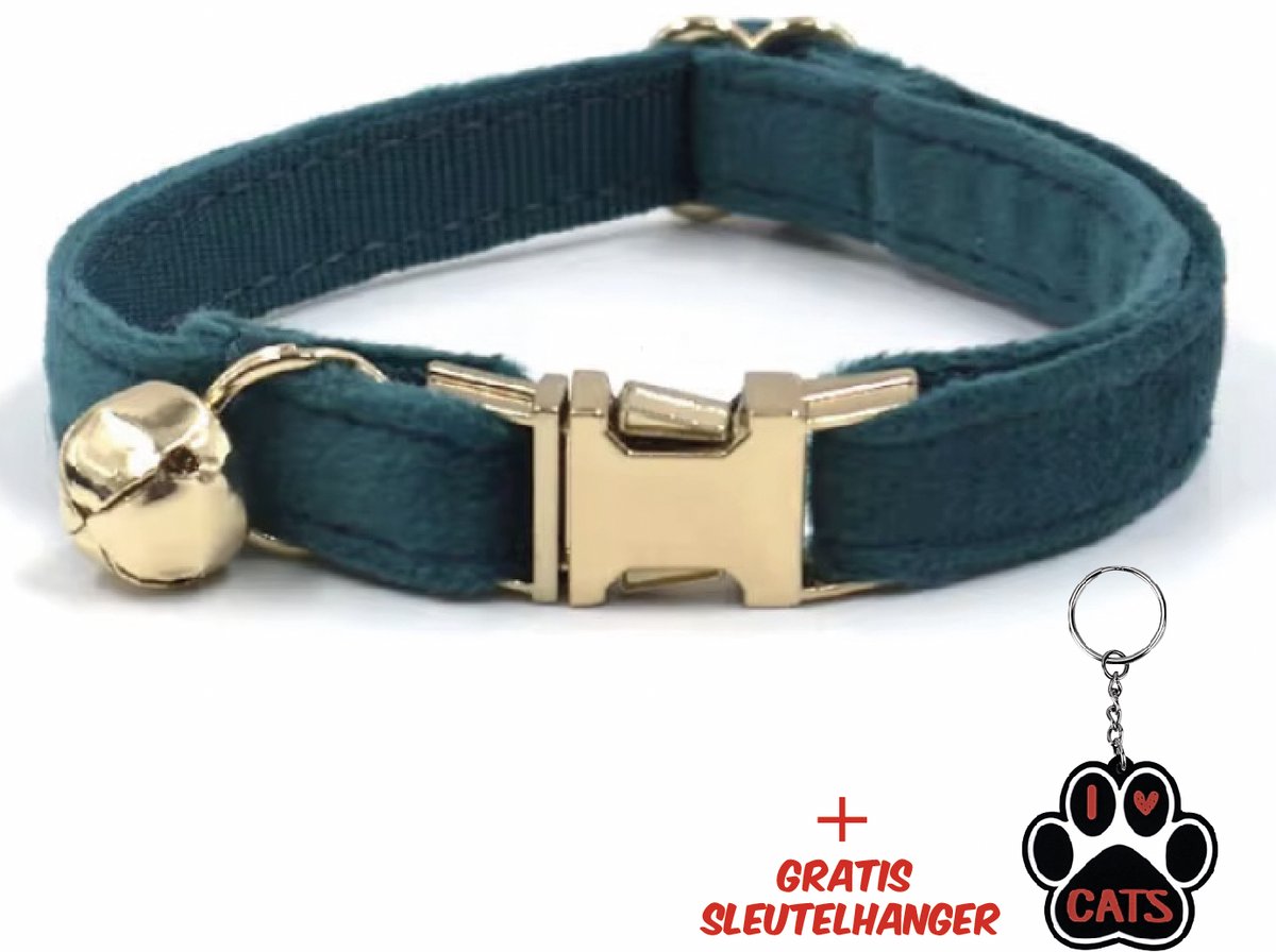 SilverAndCoco® - Groen / Blauwe Katten Halsband met Bel met Gratis Sleutelhanger | Velvet Kat Kitten Bandje met belletje | Kattenhalsband Suède Gouden | Kleding Decoratie | Kattenbandje Huisdier - Blauw / Goud