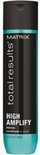 Flacon de revitalisant Matrix Total Results High Amplify, base turquoise, corps noir avec texte jaune.