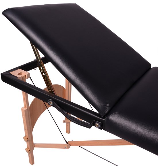 Verstelbaar rugpand van de zwarte Alora massagetafel.