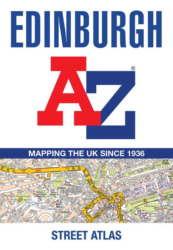 Kaart van Edinburgh met de tekst "EDINBURGH" in grote blauwe letters en "AZ" in rode en blauwe letters. "MAPPING THE UK SINCE 1936" en "STREET ATLAS" staan onderaan.