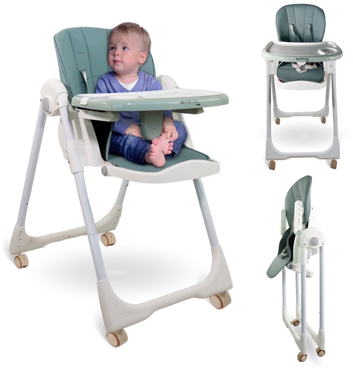 Mobiclinic Simba - Kinderstoel - Met wielen - In hoogte verstelbaar - Inklapbaar - Verwijderbaar blad - Verstelbaar Baby Eetstoel - Steunharnas - 5-puntsgordel - Wielen met rem - Wasbare en afneembare stof - Kinderzitje - Groen