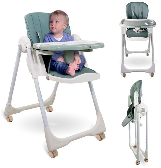Mobiclinic Simba - Kinderstoel - Met wielen - In hoogte verstelbaar - Inklapbaar - Verwijderbaar blad - Verstelbaar Baby Eetstoel - Steunharnas - 5-puntsgordel - Wielen met rem - Wasbare en afneembare stof - Kinderzitje - Groen