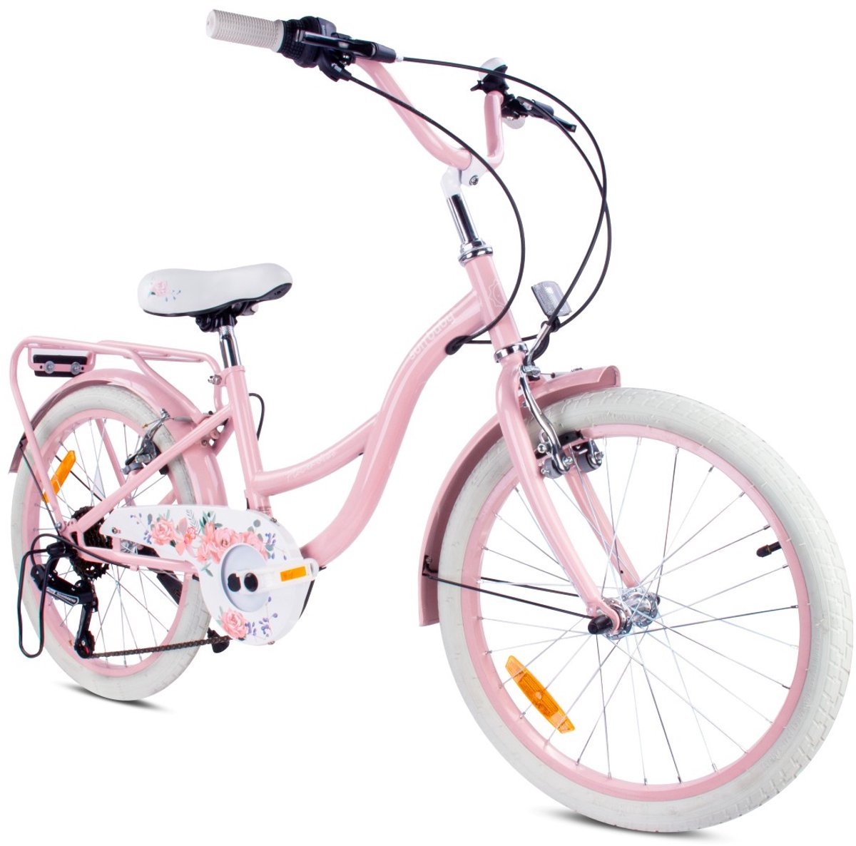 Flower Bike Fiets voor een meisje van 6 tot 10 jaar, 20 inch Roze, 6 versnellingen Shimano, kinderfiets in hoogte verstelbaar