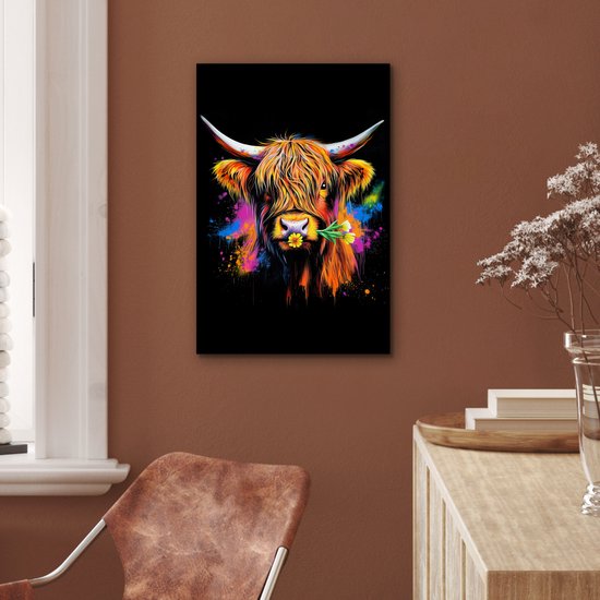 Aluminium schilderij 40x60 cm - Wanddecoratie metaal - Schotse Hooglander - Graffiti - Kleurrijk - Bloem - Dieren - Metalen muurdecoratie woonkamer - Decoratie industrieel - Foto op dibond - Industriële accessoires slaapkamer