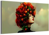 Aluminium schilderij 120x60 cm - Wanddecoratie metaal - Vrouw - Appels - Rood - Bladeren - Metalen muurdecoratie woonkamer - Decoratie industrieel - Foto op dibond - Industriële accessoires slaapkamer