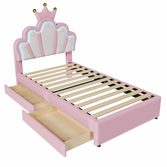 Gestoffeerd bed, zonder matras, op afstand bestuurd sfeerlicht, bed met 2 laden, prinsessenbed in kroonvorm, verstelbaar hoofdeinde, PU (wit, 90 x 200 cm Gestoffeerd bed, zonder matras, op afstand bestuurd sfeerlicht, bed met 2 laden, prinsessenbed in kroonvorm, verstelbaar hoofdeinde, PU (wit, 90 x 200 cm