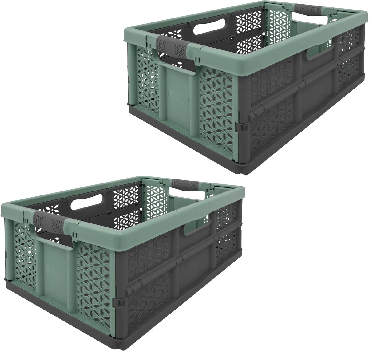 5Five Vouwkrat/boodschappenkrat - 2x - 32 liter - zwart/groen - kunststof - 48 x 35 x 24 cm
