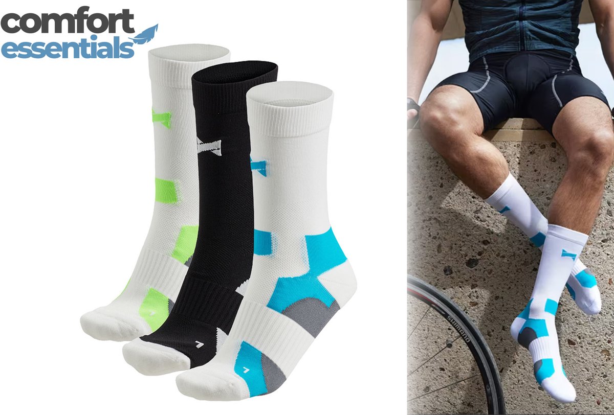 Comfort Essentials Fietssokken Hoog 3-Pack – Fietssokken Heren – Fietssokken Dames – Wielrensokken – Fiets Sokken - Multi Wit - Maat 39/42