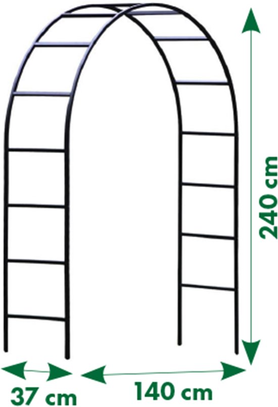 Zwarte metalen rozenboog, 240 cm hoog, 140 cm breed en 37 cm diep.