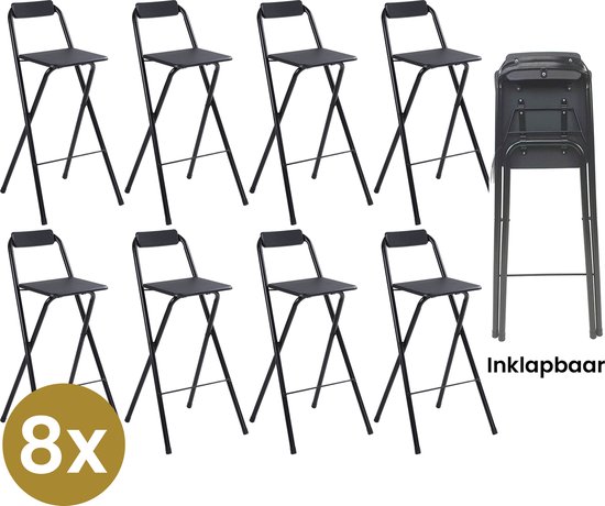 Tabouret de bar pliant Alora - Lot de 8 - Tabourets de bar avec dossier - Tabourets de bar pliables Set de 8 - Pliable - Zwart - Plein air - Chaise de bar - Chaise pliante - Pliable - Avec repose-pieds - Camping - Tabouret de bar d'extérieur