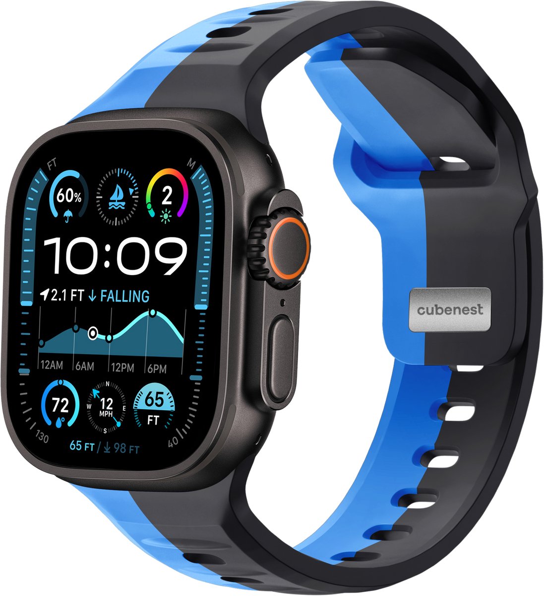 Cubenest Premium siliconen bandje - Geschikt voor Apple Watch 1, 2, 3, 4, 5, 6, 7, 8, 9, 10, SE, Ultra (2) - 42/44/45/46/49 mm - ZWART met BLAUW - One Size