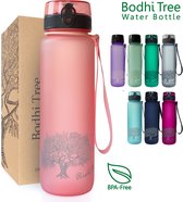Bodhi Tree® Gourde motivation 1l - Gourdes de motivation pour adultes - Bouteille d'eau avec marqueurs de temps Néerlandais - Étanche - Anti Fuite - Sans BPA - Filtre à fruits - Water Bottle 1 litre - Rose