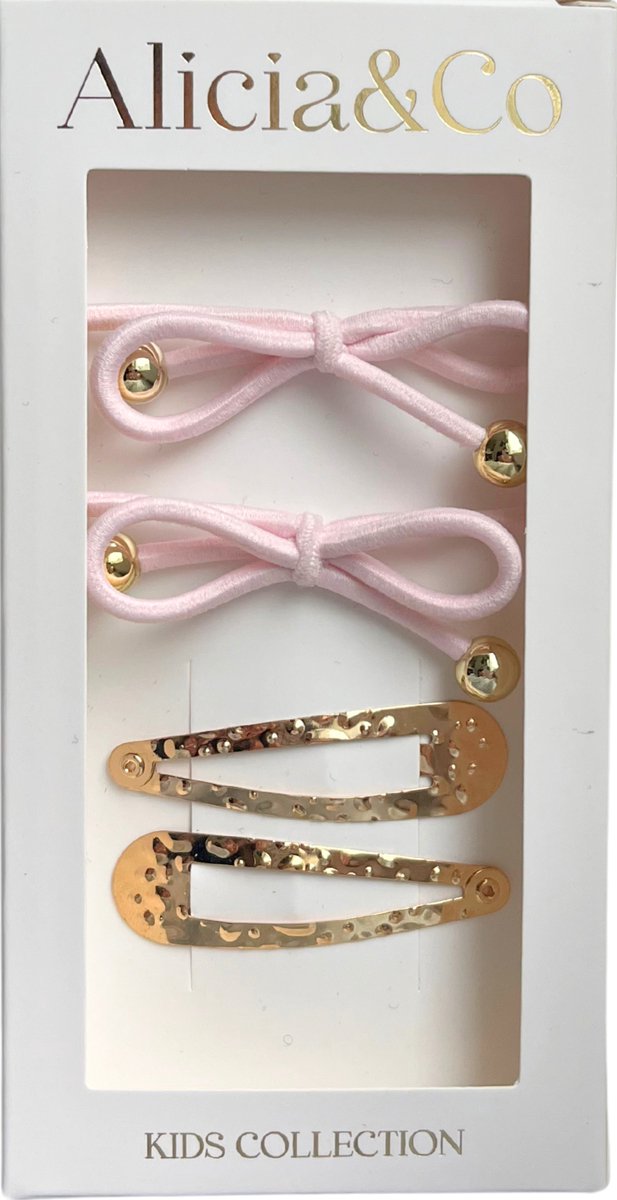 Alicia&Co - Modern Bow Set - Pearl Pink - Set van 2 haarclips en 2 haarelastiekjes - cadeau - kraamcadeau - haarelastiekjes zonder metaal - haarspelden & clips - haarelastiekjes baby - haarelastiekjes kind - haarspeldjes kind - haarspeldjes baby