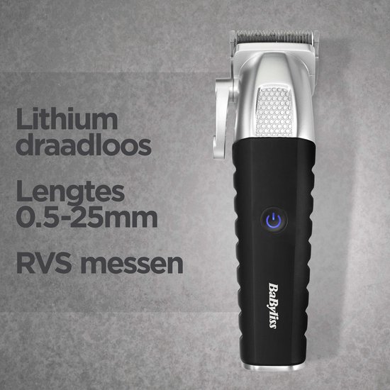 Zwarte en zilveren BaByliss tondeuse met aan/uit knop en 10 opzetkammen. Tekst: Lithium draadloos, Lengtes 0.5-25mm, RVS messen.