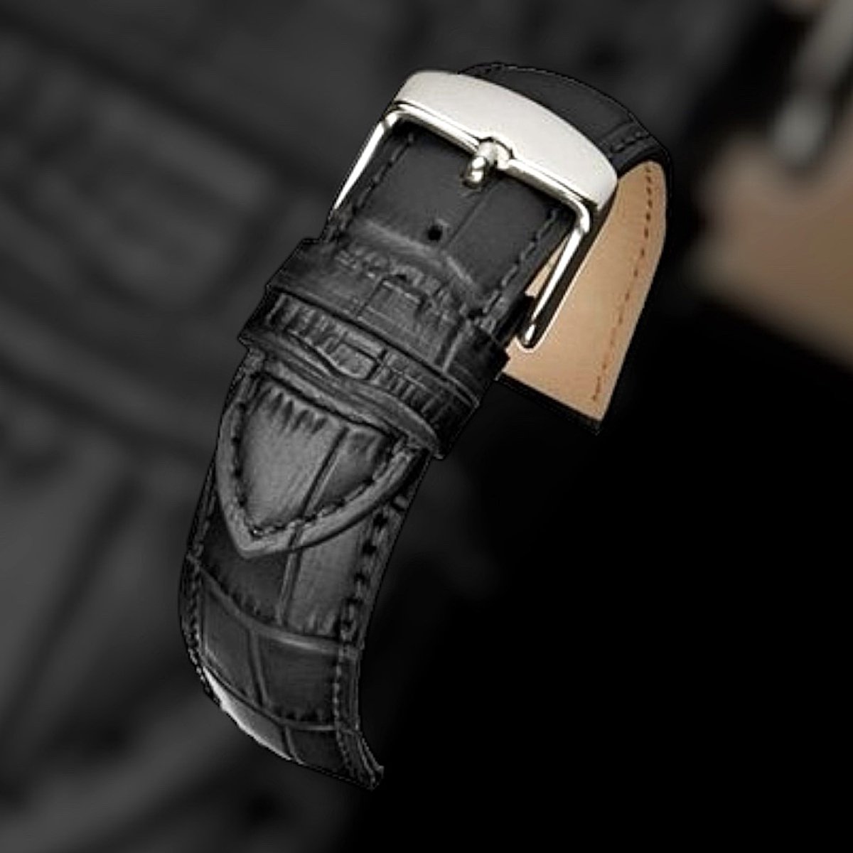 Horlogeband-horlogebandje-12mm-echt leer-zwart-gevuld-croco-zacht-stalen gesp-leer-12 mm