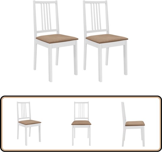 Quatre images de chaises de salle à manger blanches avec assises marron. Une photo montre deux chaises, les autres montrent une chaise sous différents angles.