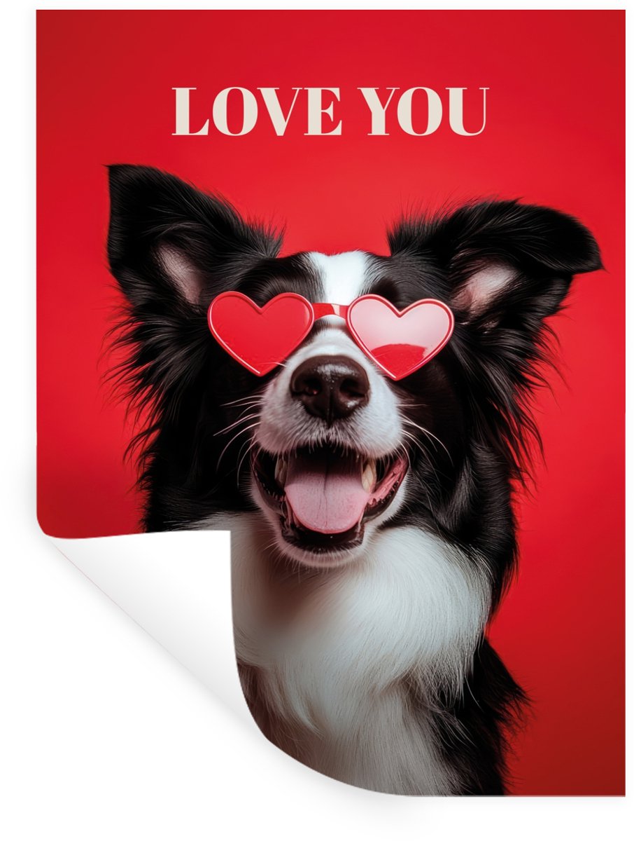 Muurstickers - Sticker Folie - Hond - Hartjesbril - Loveyou - Rood - 90x120 cm - Plakfolie