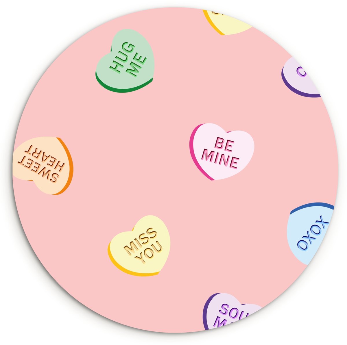 WallCircle Wandcirkel 140x140 cm - Muurcirkel Hart - Snoep - Pastel - Tekst - Muurdecoratie woonkamer - Wanddecoratie slaapkamer - Kamer decoratie accessoires - Ronde schilderijen Hartjes - Snoep