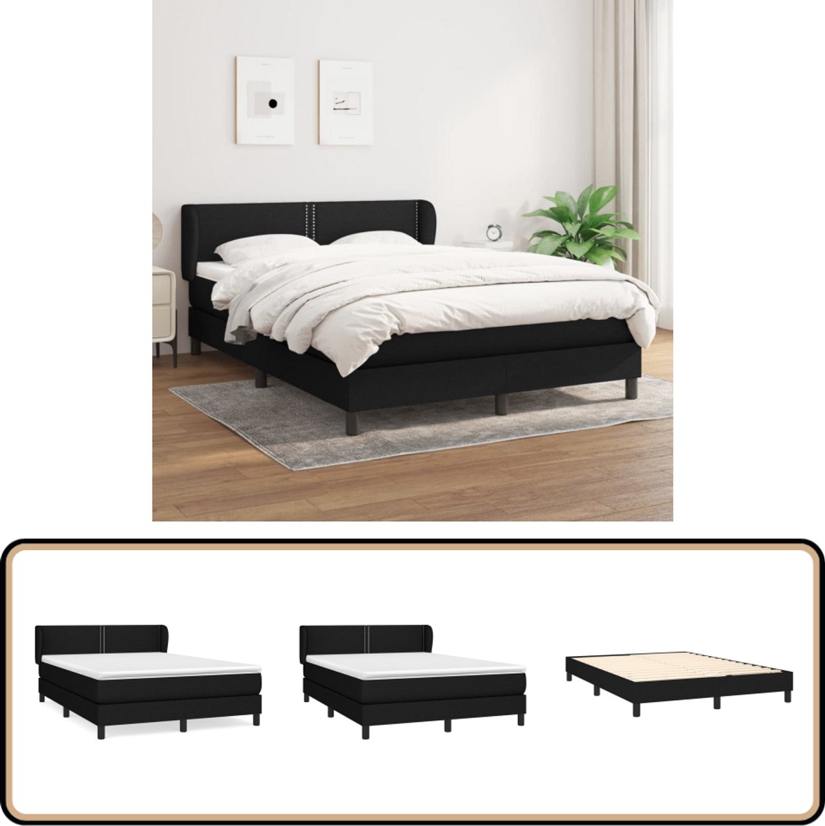 vidaXL Boxspring 140x190 cm met Topmatras Zwart Boxspring Bed - Pocketvering Matras - Middenhard - Houten Frame - Larikshout