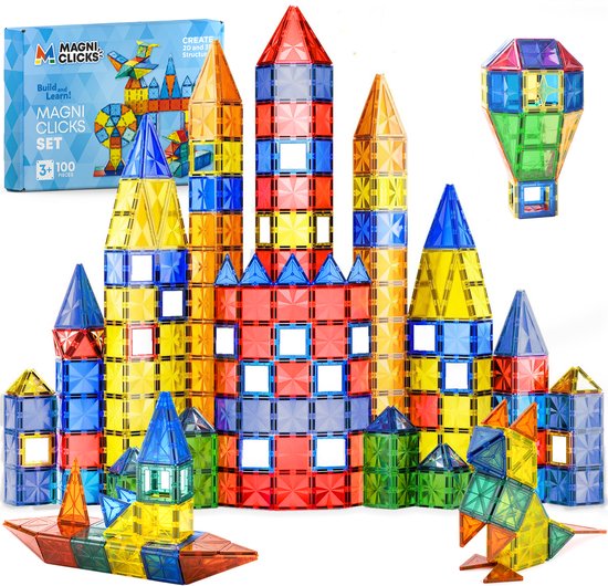 MagniClicks Magnetic Tiles 100 stuks - Magnetisch Speelgoed - Montessori - Magnetische Tegels - Bouwblokken