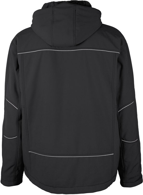 Zwart TMG KULT WORKER softshell werkjas, achterkant. Met reflecterende biezen op de schouders, bovenarmen en onderkant.