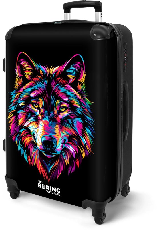 NoBoringSuitcases.com® - Kinderkoffer groot - Kindertrolley koffer - Wolf - Neon - Rolkoffer lichtgewicht - Reiskoffer met 4 wielen - Grote trolley XL - 20 kg bagage