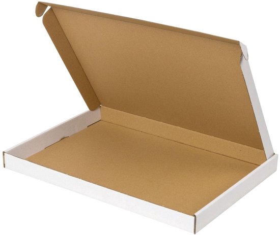 Witte brievenbusdoos 35x25x2,8 cm opengeklapt.