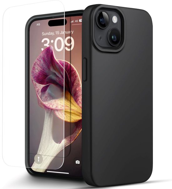 Nuvex Coque de téléphone Zwart adaptée pour iPhone 15 avec film protecteur d'écran en verre de protection