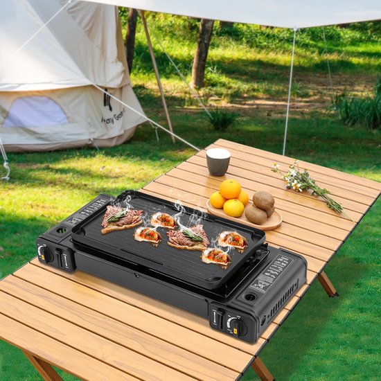 Hanimo Tafel Bbq - Campinggaspit - Gasbrander Camping - Camping Gasstel - Camping Bbq - Camping Kooktoestel - Fornuis 2 pits - Draagbare Kookplaat - Afneembare Bakplaat - 64x28cm - Zwart van Hanimo — afbeelding 3