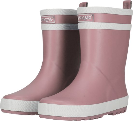 Paar roze regenlaarzen met witte randen en witte strepen, ZIGZAG logo.