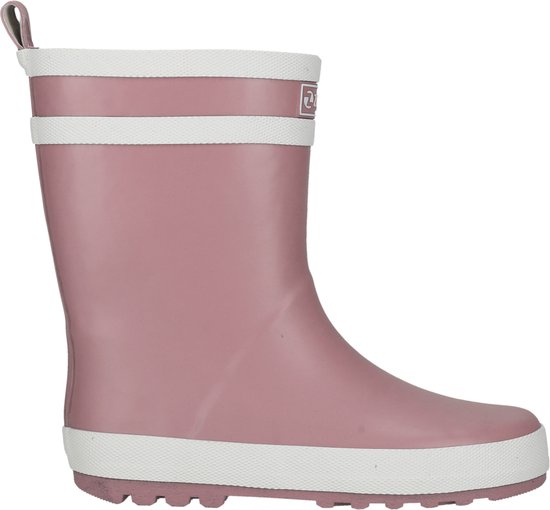 Roze regenlaars met witte randen en twee witte strepen, ZIGZAG logo.