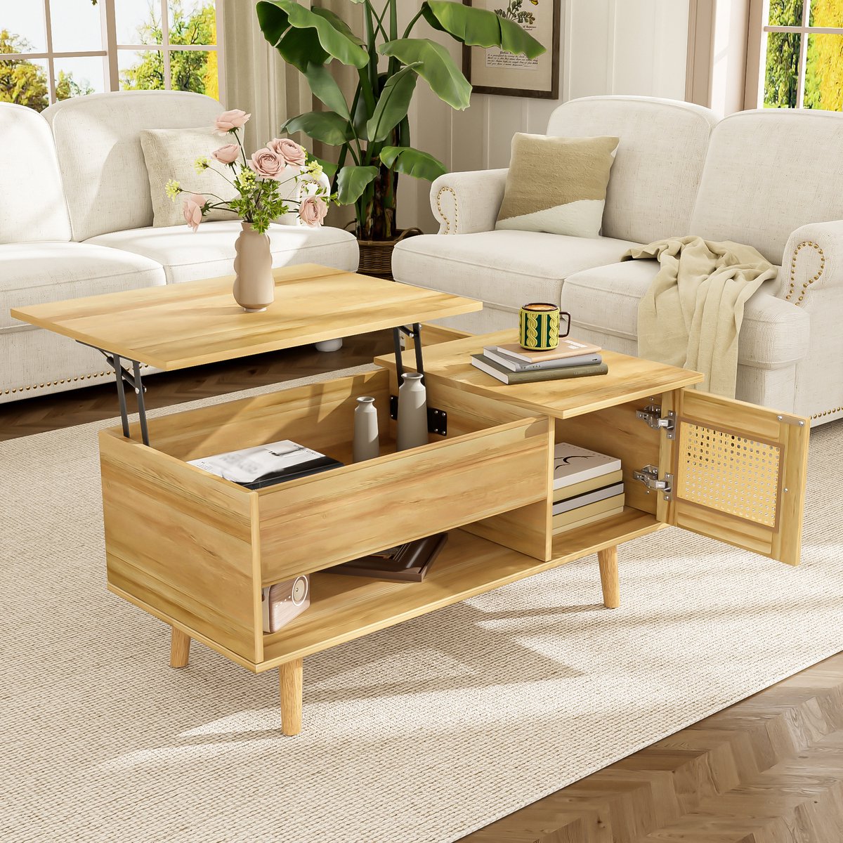 Elegante salontafel - Opklapbaar blad & rieten deuren - Houtkleur met zwarte accenten - Praktische opbergruimte