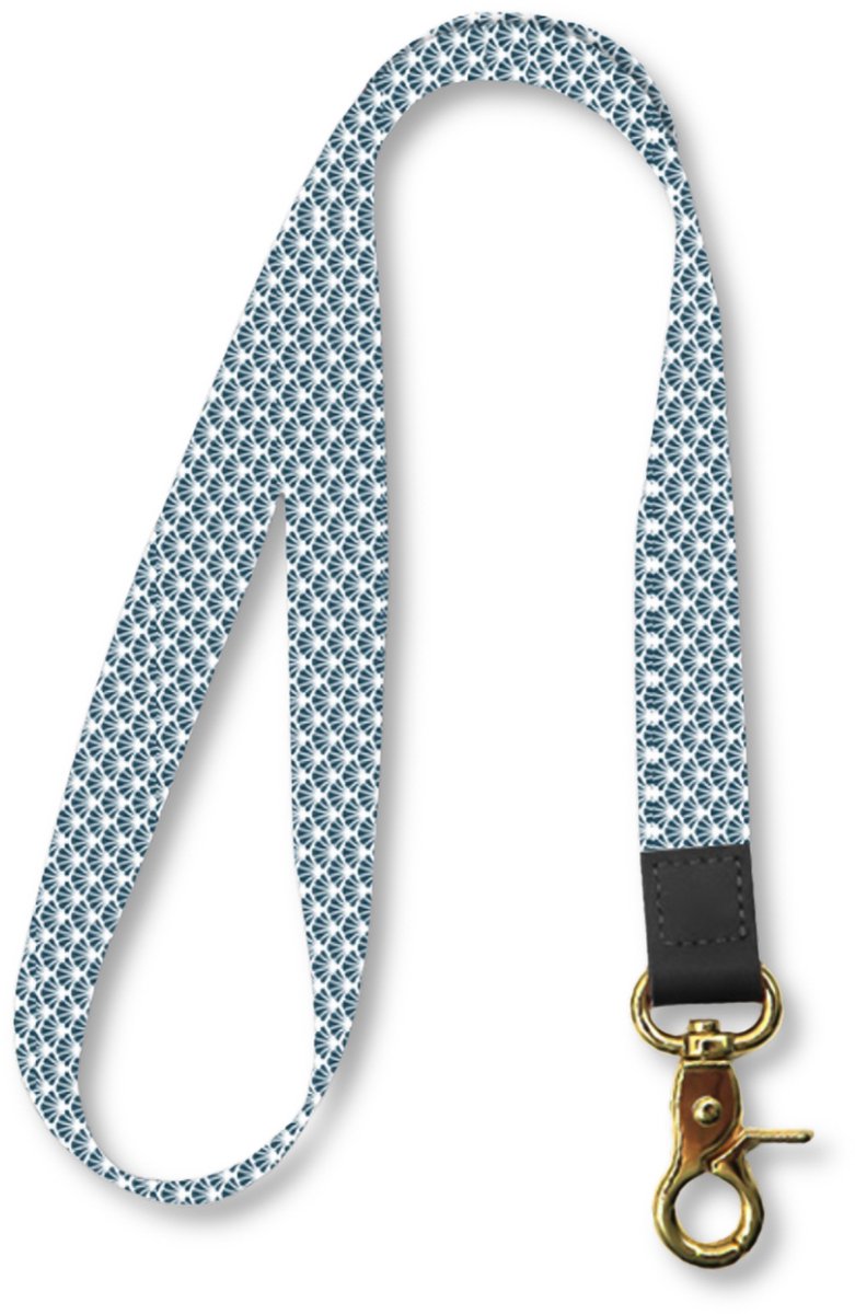 Travel Cords - Keycord Schelpjes Blauw - lanyard - draaglengte 45 cm - leer - metaal - canvas - sleutelkoord - karabijnhaak goudkleurig - sleutels - pasjes - telefoon