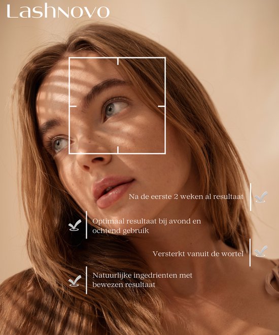 Close-up van een vrouw met schaduw op haar gezicht. Tekst zegt: "Na de eerste 2 weken al resultaat", "Optimaal resultaat bij avond en ochtend gebruik", "Versterkt vanuit de wortel", "Natuurlijke ingrediënten met bewezen resultaat".